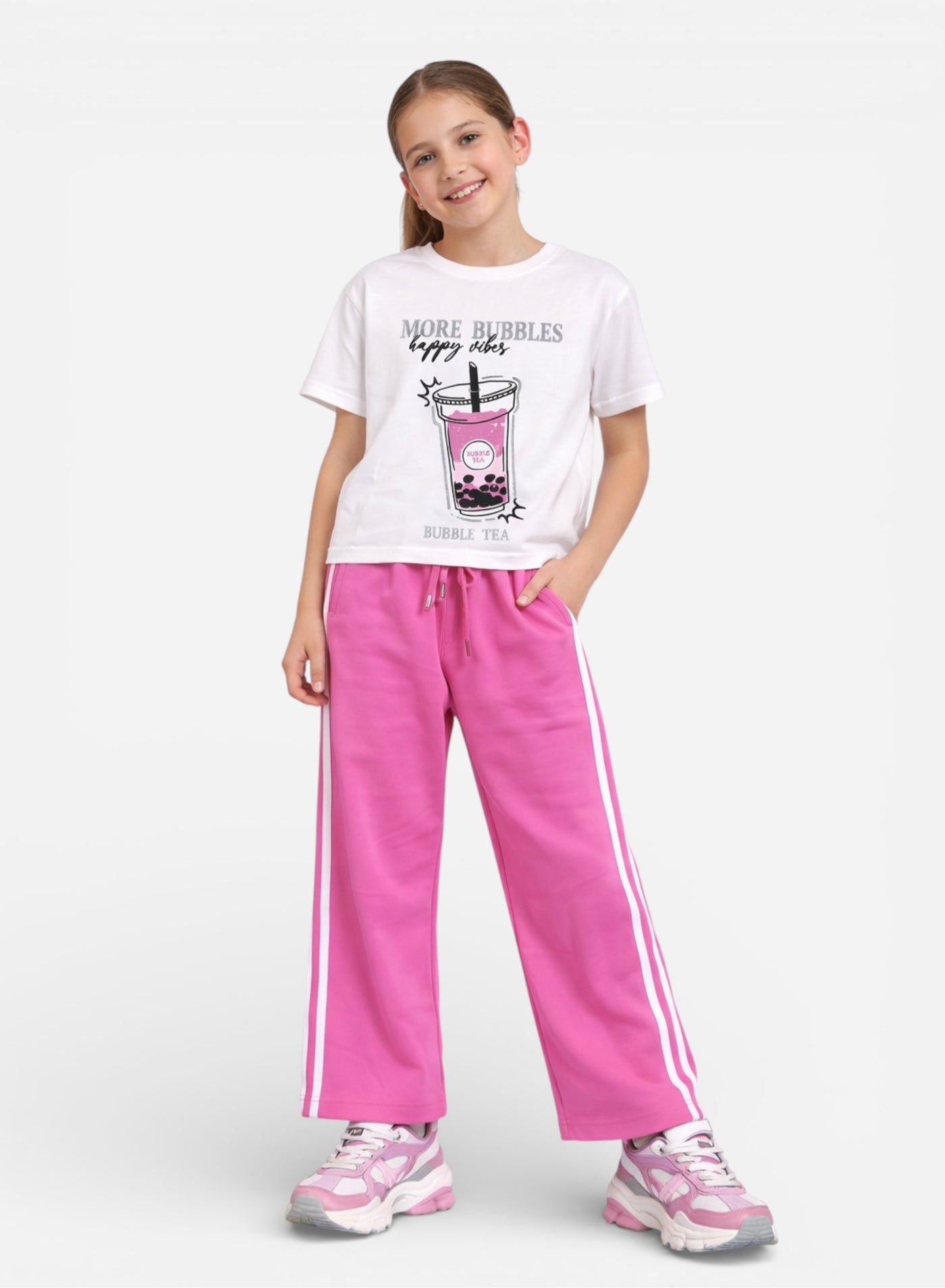victor and jane Girls 2 Pc Set Bubble Tea Print T-Shirt & Pants Set – White & Pink